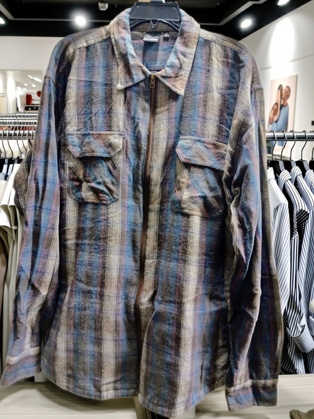 burnside Striped Zip-Front Shirt Jacket in Blue and Brown Tones